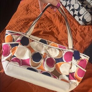 Vintage Coach Multicolor Circle-Print Shoulder Tote Pink, Orange, Navy & Cream